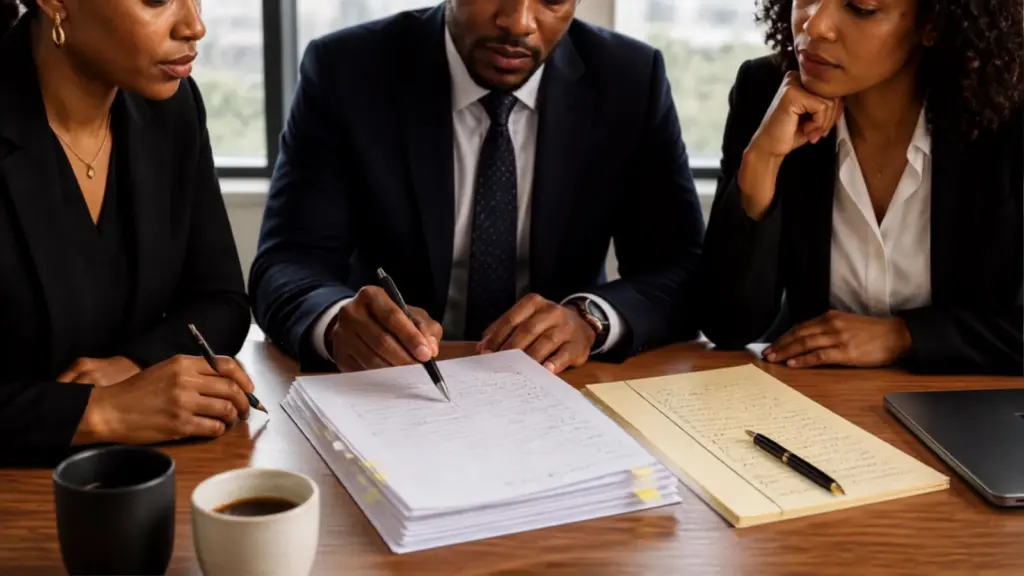 Three legal professionals working through a marked-up bundle and handwritten notes before a mediation