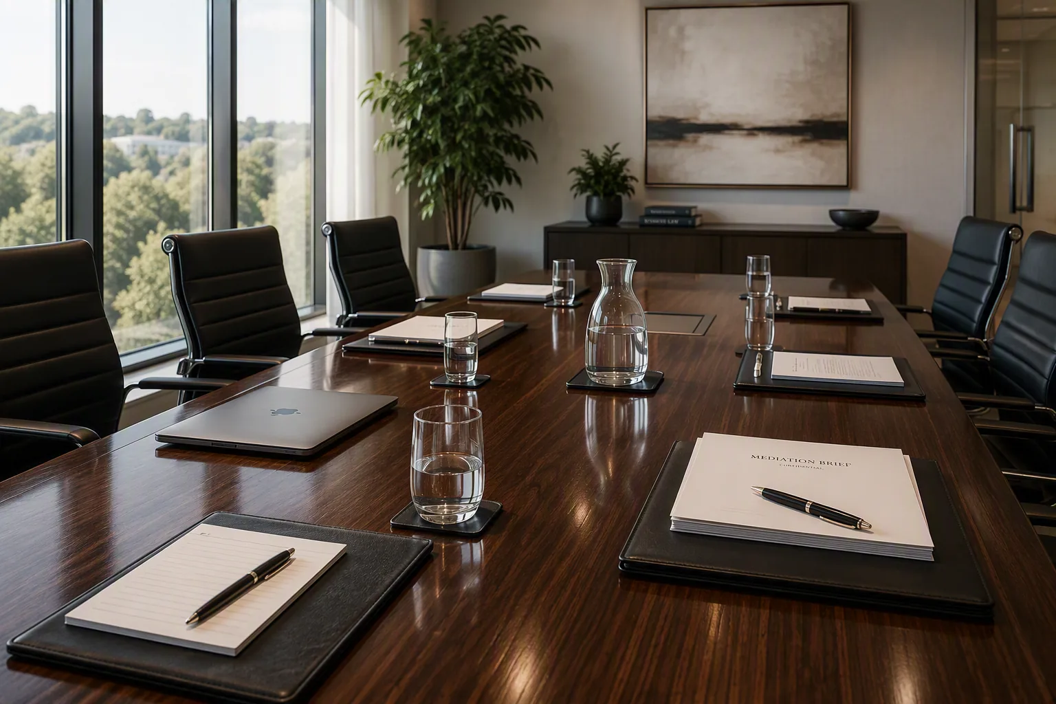 A boardroom set for a commercial mediation, with a confidential mediation brief at each place
