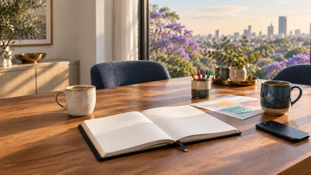 A calm family table with a planner, two coffee cups and a child’s crayons, set for a co-parenting mediation in Johannesburg