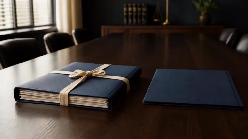 A sealed navy brief tied with cotton tape resting on a boardroom table beside an unopened folder