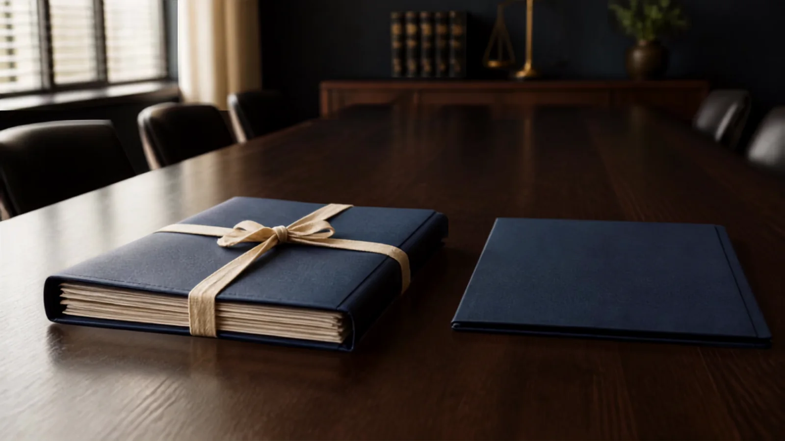 A sealed navy brief tied with cotton tape resting on a boardroom table beside an unopened folder