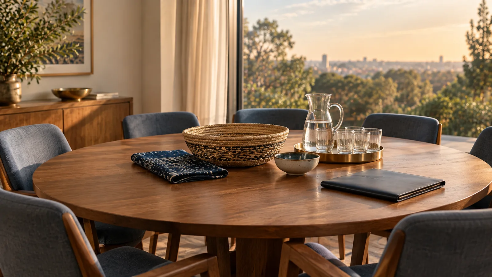 A round family table set with empty chairs, a woven basket and water glasses, prepared for a family mediation in Johannesburg