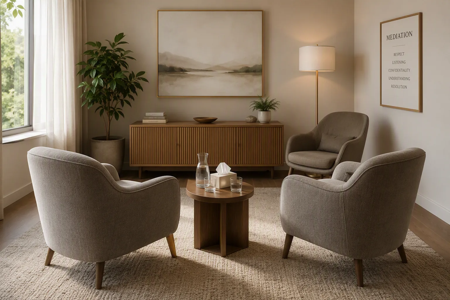 A private mediation room arranged for a family mediation, with seating for both parties and the mediator