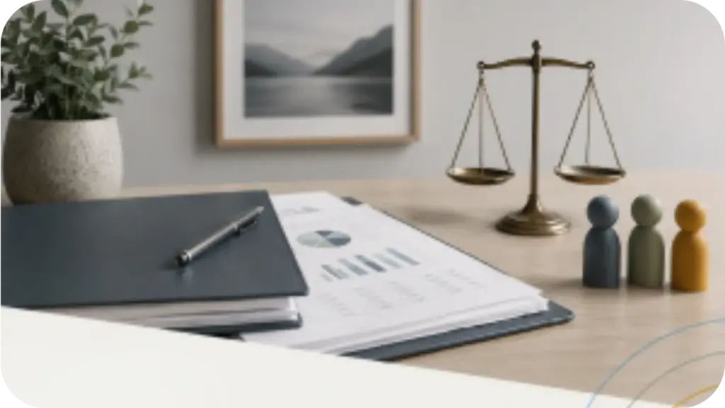 A financial statement, pen and scales of justice on a mediation table