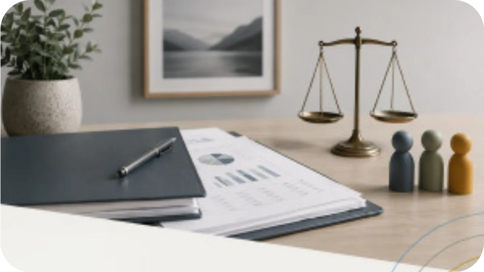 A financial statement, pen and scales of justice on a mediation table