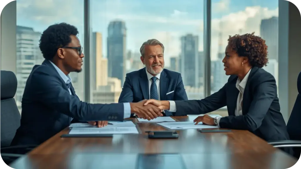 Legal representatives in discussion at a boardroom mediation in Johannesburg