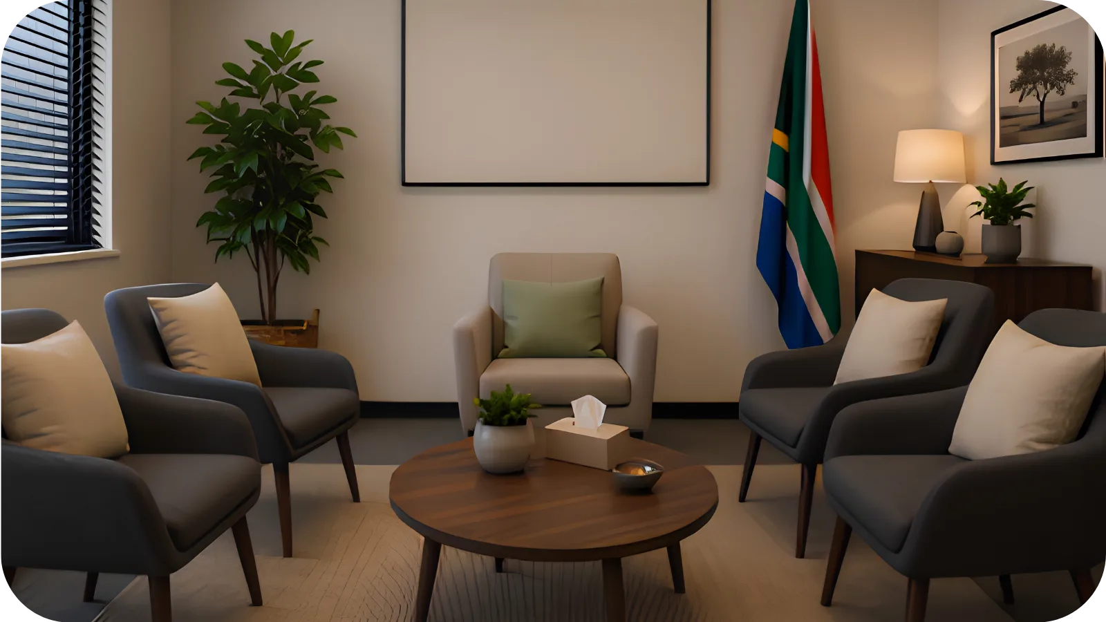 A private consulting room set for a mediation session in South Africa