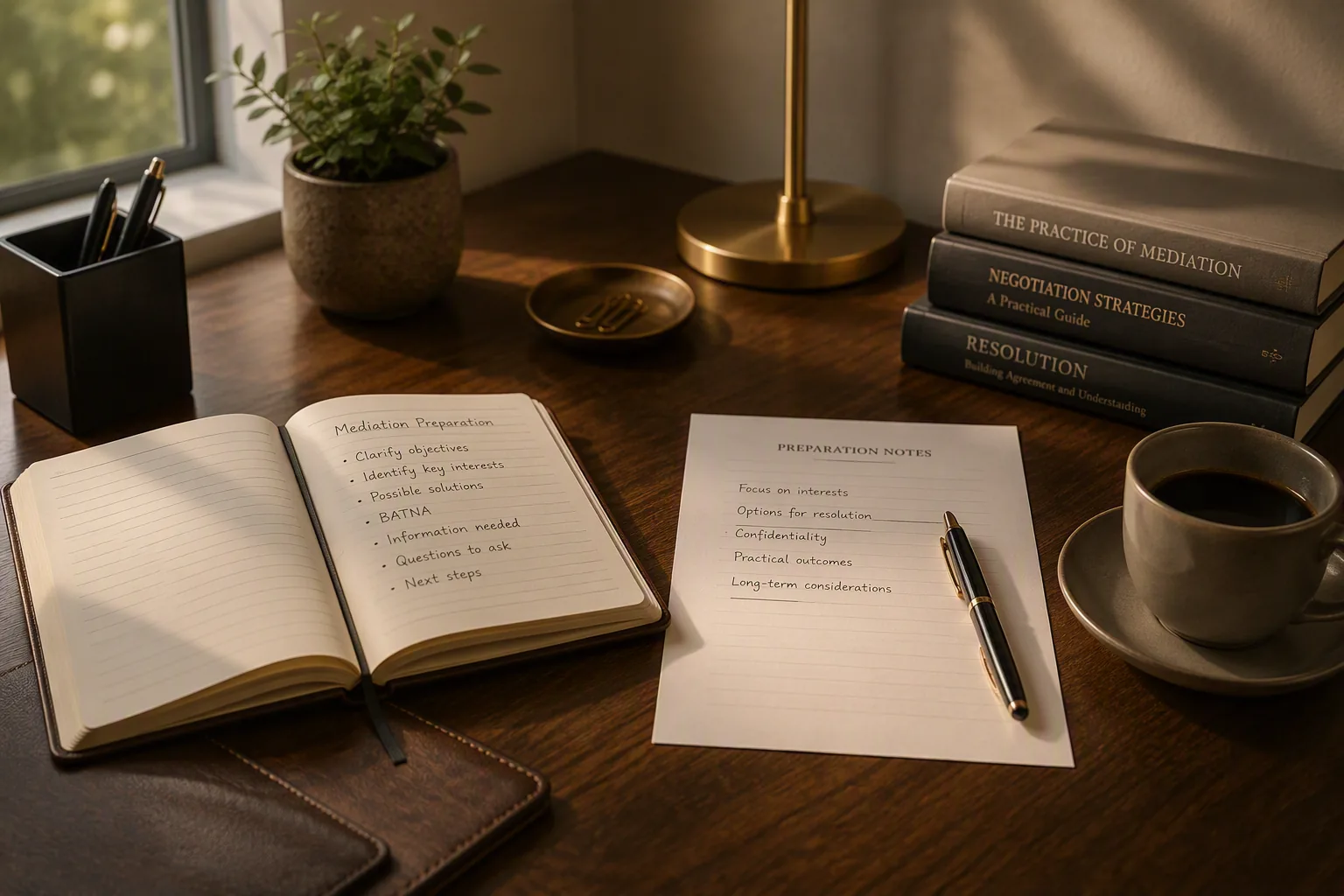 Mediation preparation notes setting out objectives, key interests, options for resolution and BATNA