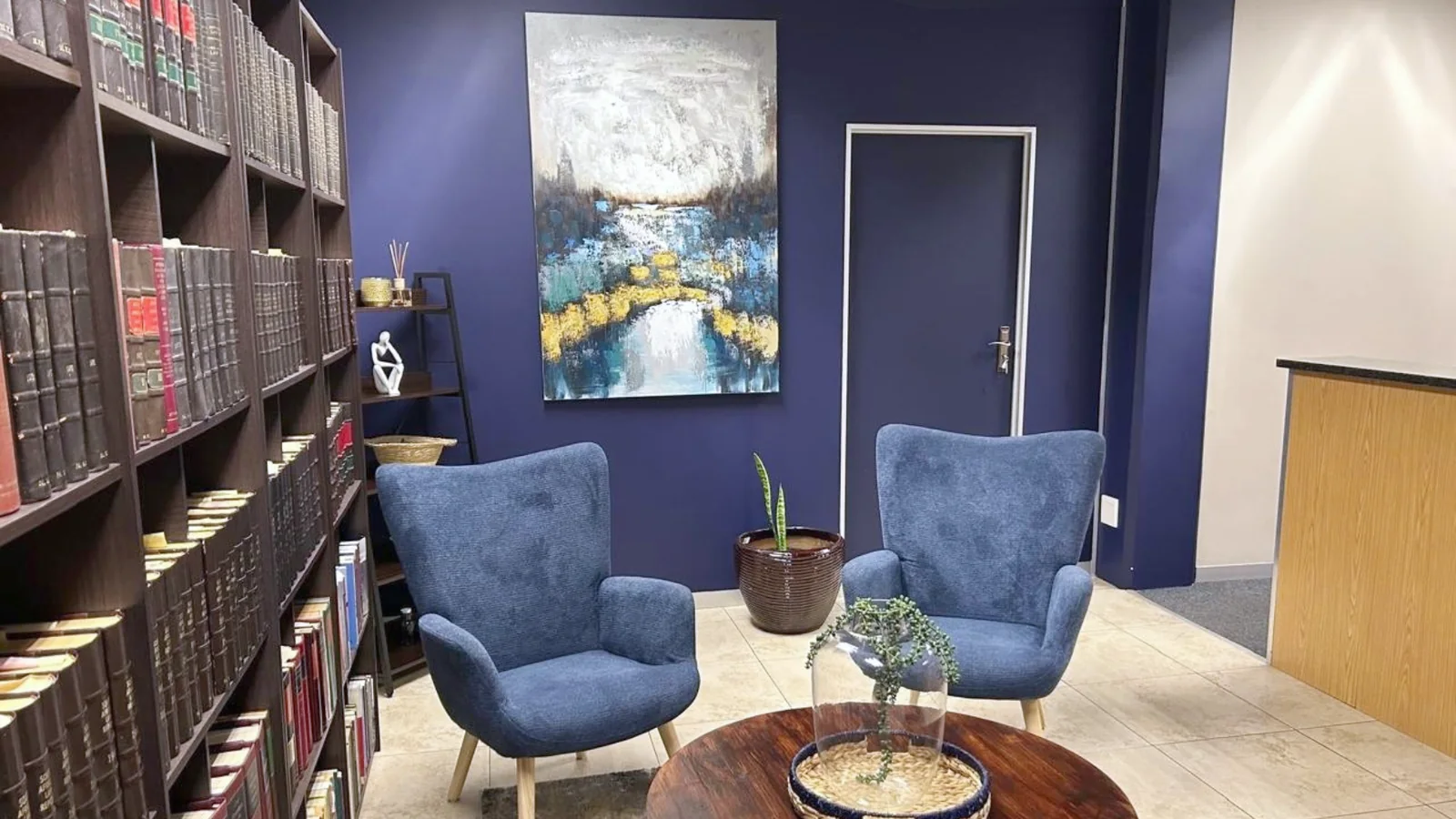 Reception and law library at MV Inc's offices, Quadrum Office Park, Constantia Kloof