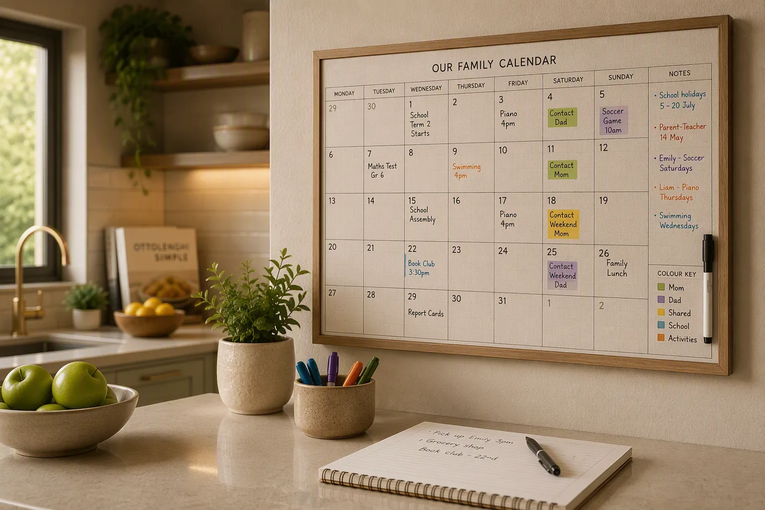 A shared family calendar showing contact arrangements, school dates and activities agreed between co-parents