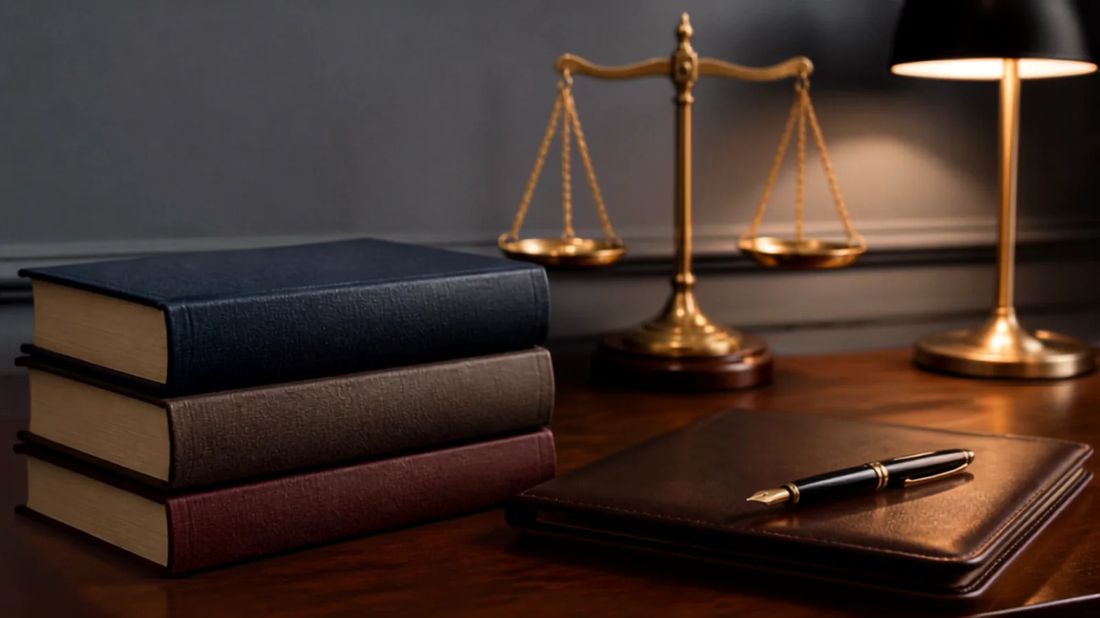 Law books with plain spines, a brass balance scale and a leather folder on a lawyer’s desk