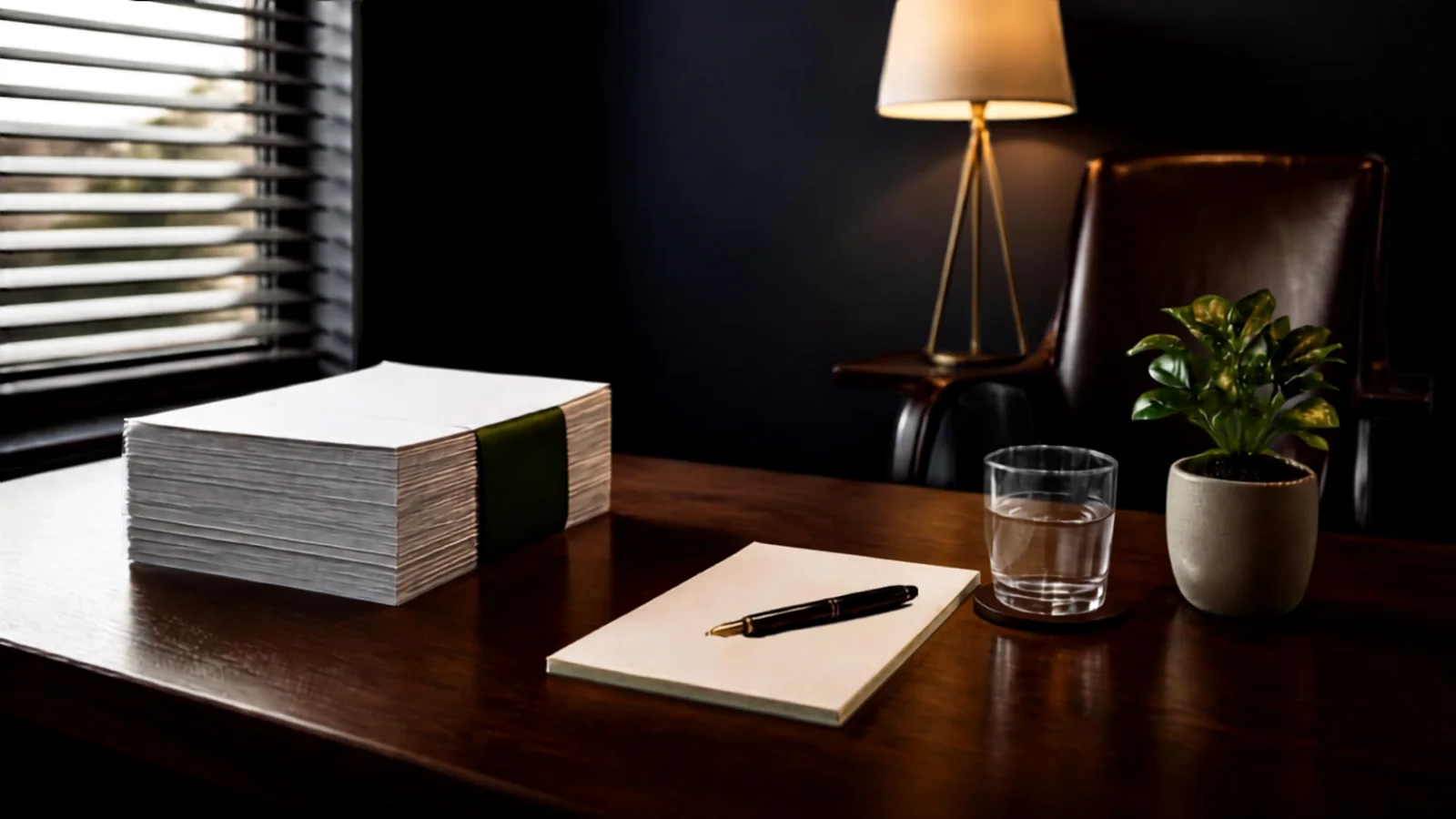 An attorney’s desk prepared for a court-annexed mediation, with a bound set of court documents, a notepad and a fountain pen