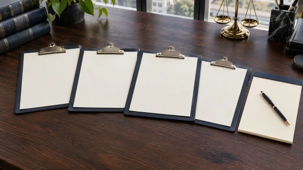 Four clipboards laid out in sequence on a boardroom table with a notepad and pen at the end of the line