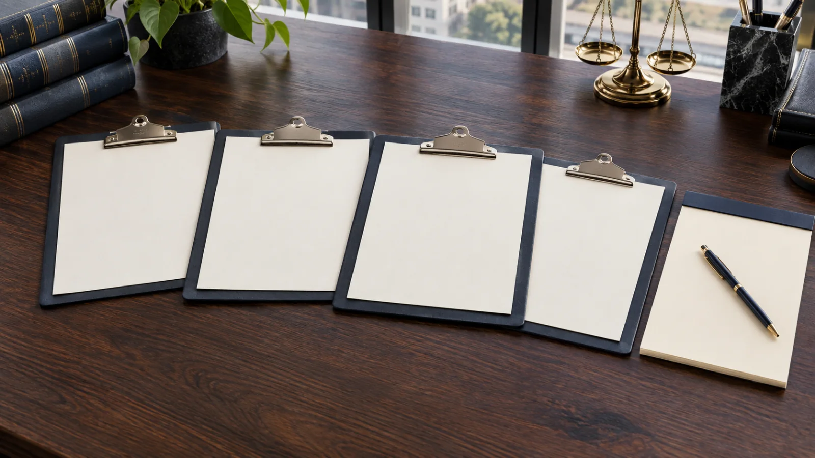 Four clipboards laid out in sequence on a boardroom table with a notepad and pen at the end of the line