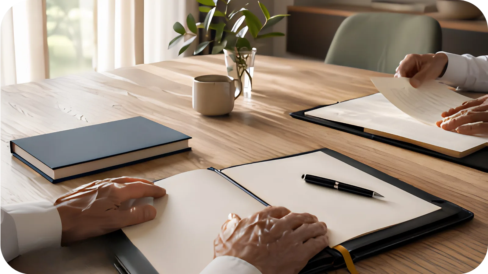 Two generations of a family business reviewing documents across a table