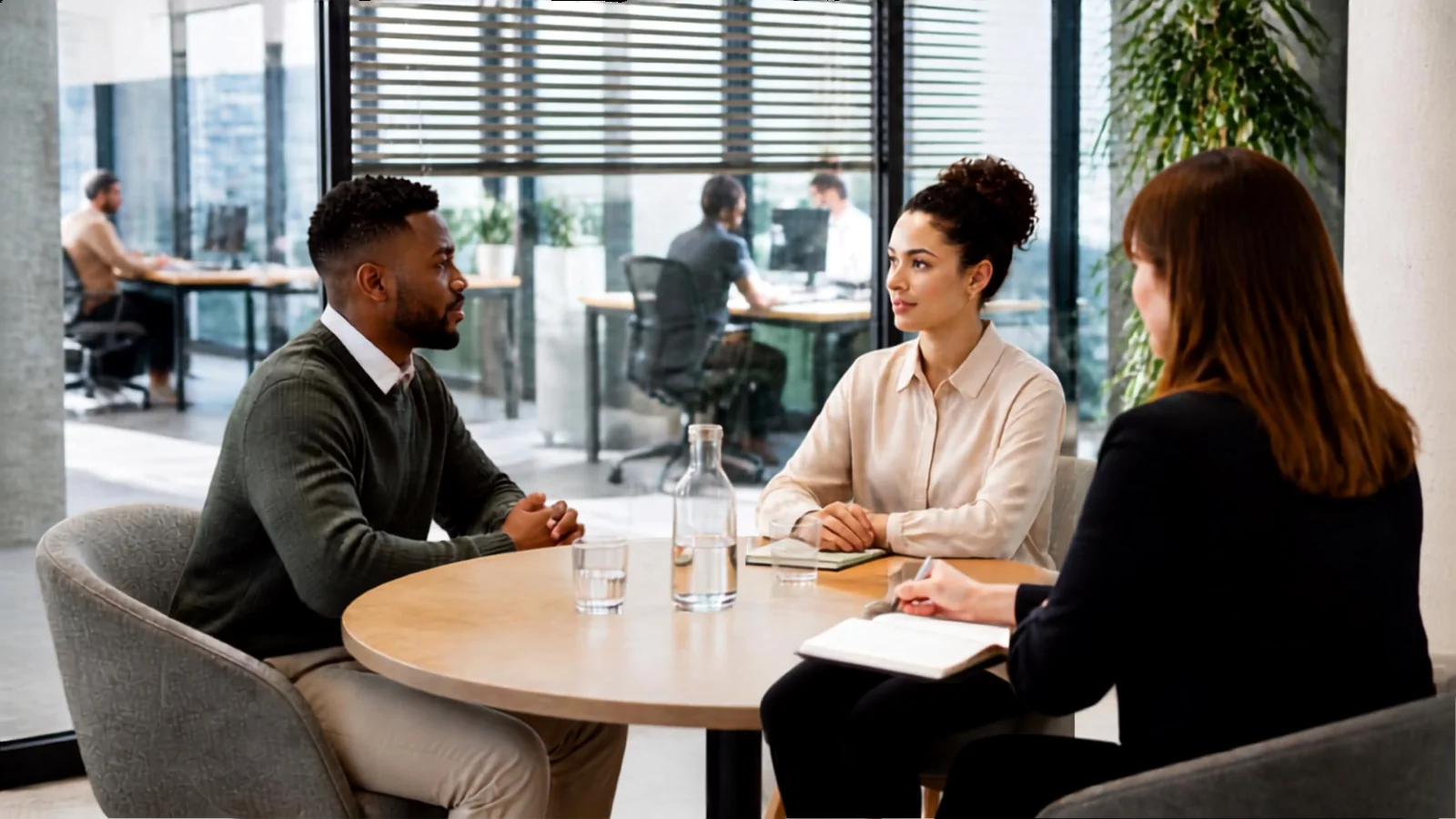Two colleagues seated at a round table with a mediator facing them, in a facilitated workplace conversation