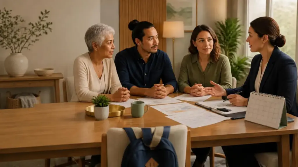 A grandmother and two parents reviewing a child-centred care calendar with a family mediator