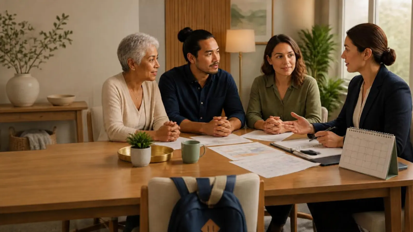 A grandmother and two parents reviewing a child-centred care calendar with a family mediator