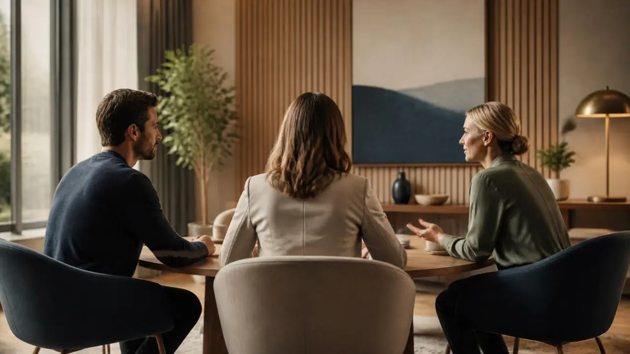 Two parties in a calm conversation with a mediator at a round meeting table