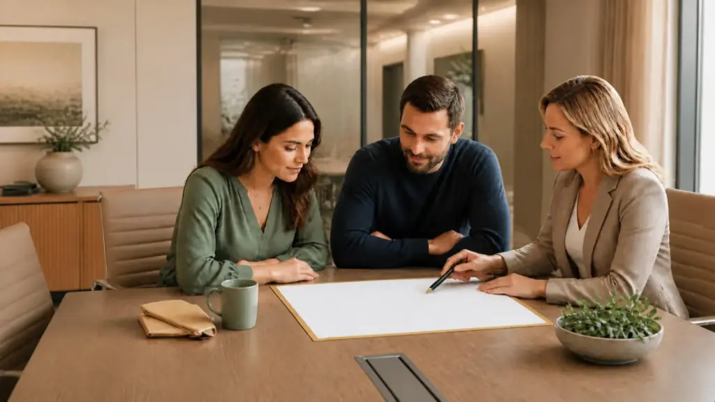 Two co-parents reviewing a structured parenting plan with a mediator at a meeting table