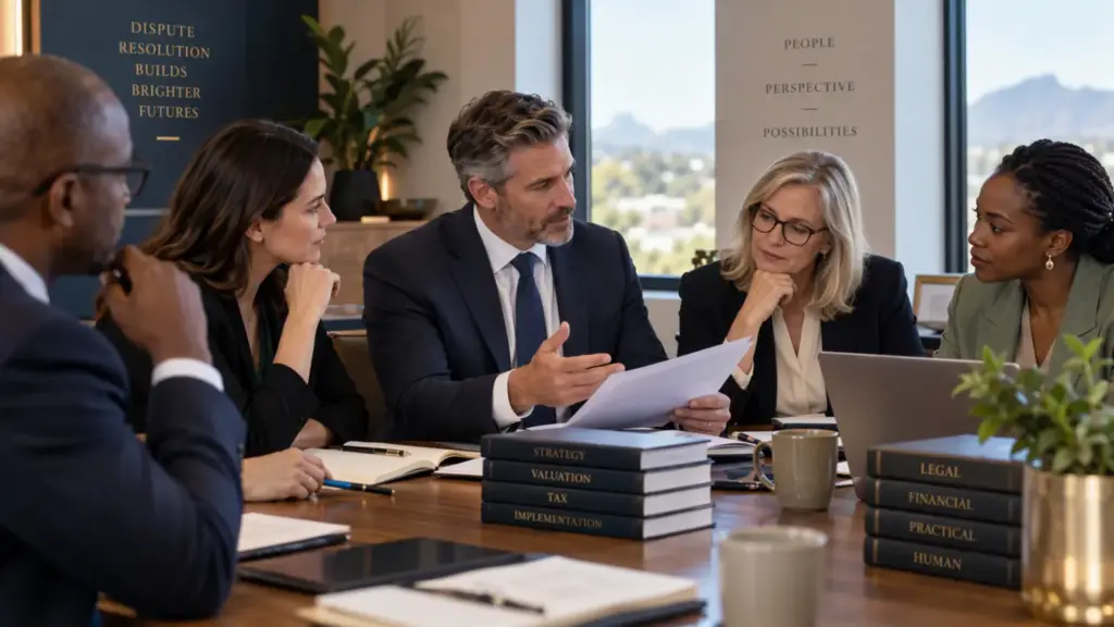 Legal and advisory team reviewing decision authority and documents for a complex mediation